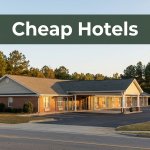 A clean budget motel along an Alabama highway in warm late-afternoon light.