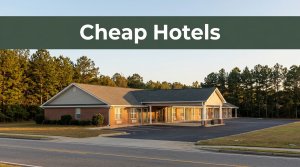 A clean budget motel along an Alabama highway in warm late-afternoon light.