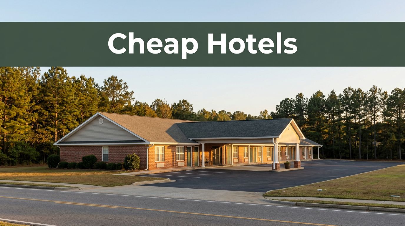 A clean budget motel along an Alabama highway in warm late-afternoon light.