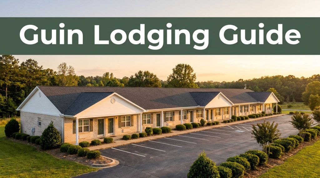 A clean roadside motel in Guin, Alabama, illuminated by the warm light of golden hour.