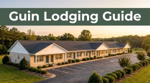 A clean roadside motel in Guin, Alabama, illuminated by the warm light of golden hour.