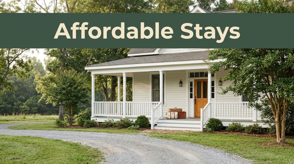 A white historic Alabama guesthouse with a welcoming front porch and travel bags outside.