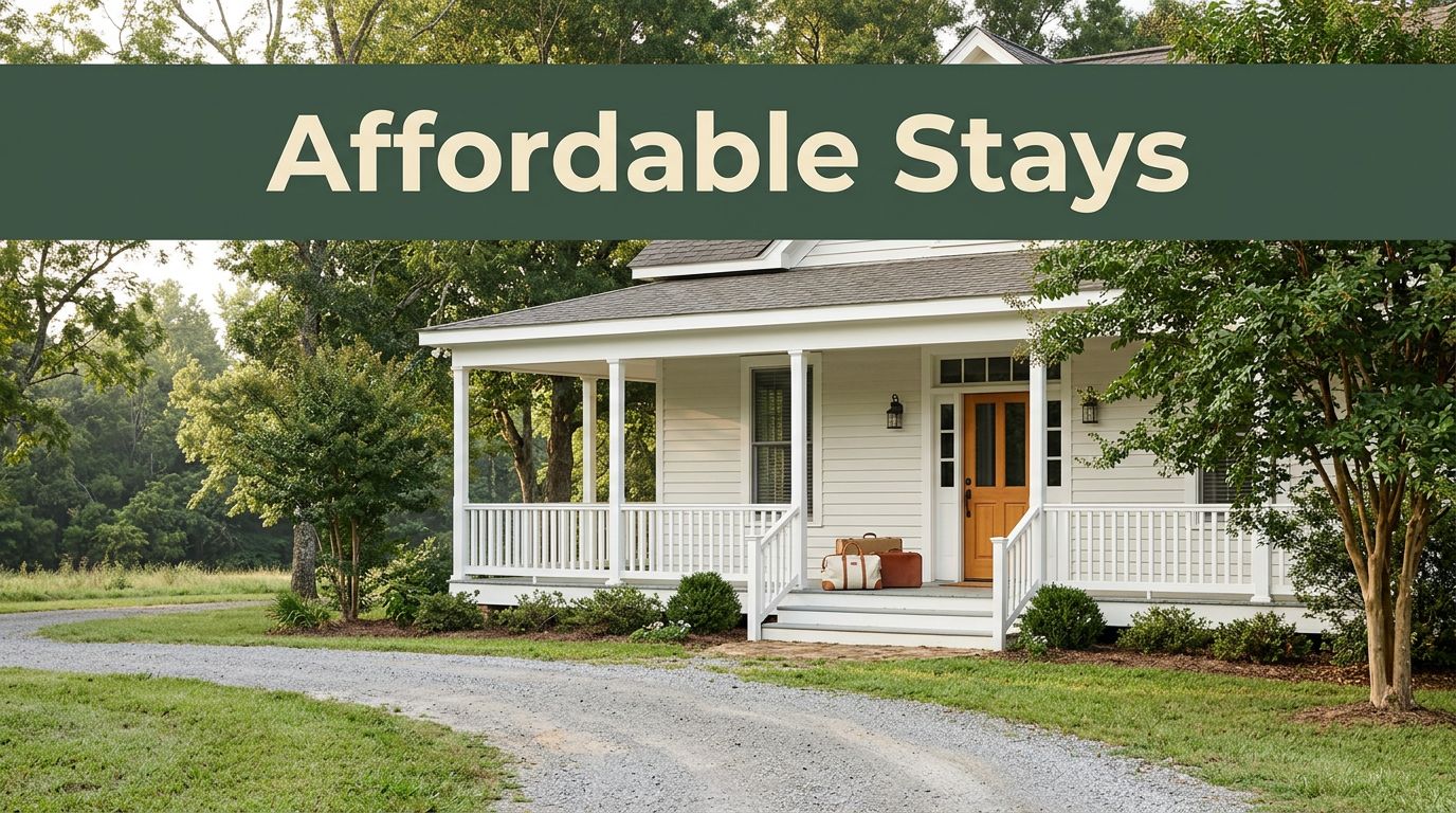 A white historic Alabama guesthouse with a welcoming front porch and travel bags outside.