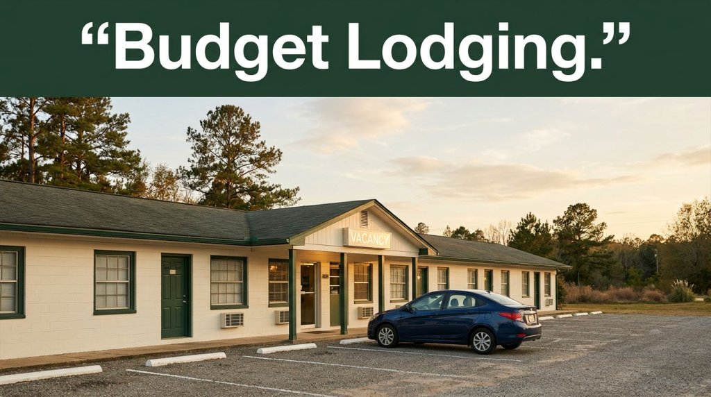 A modest roadside motel at golden hour with a parked compact car in rural Alabama.