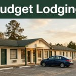 A modest roadside motel at golden hour with a parked compact car in rural Alabama.