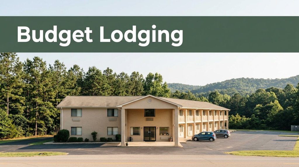 A clean roadside budget motel with pine trees and distant hills in the morning light.
