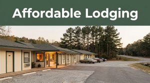 A rustic roadside motel at golden hour with a glowing office and pine trees.