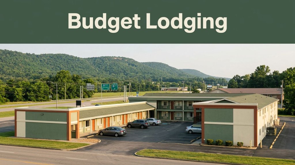 A modern roadside motel with parked cars near a highway and green hills.