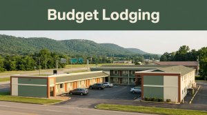 A modern roadside motel with parked cars near a highway and green hills.