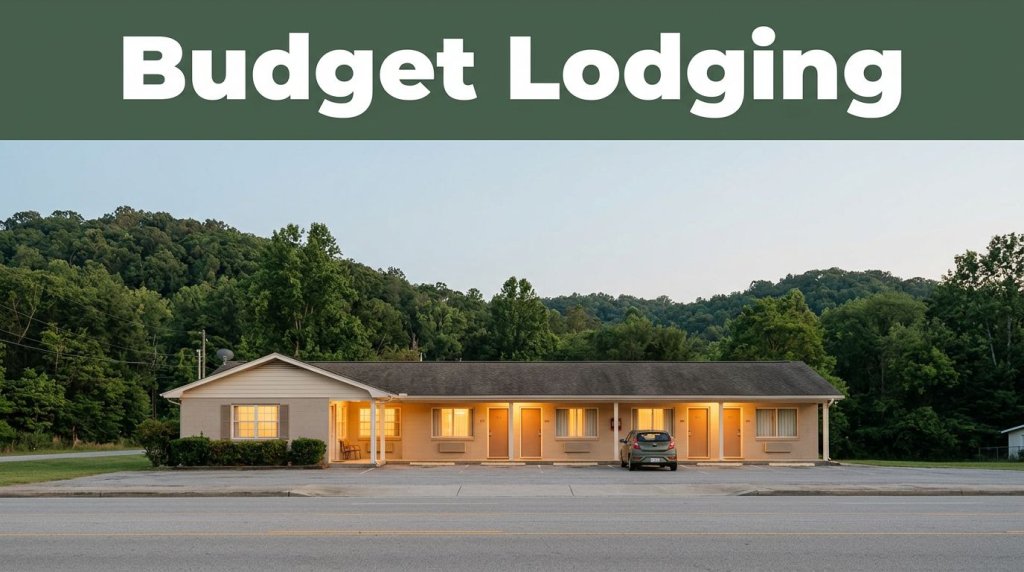 A modest roadside motel with glowing lights and a parked car against evening foothills.