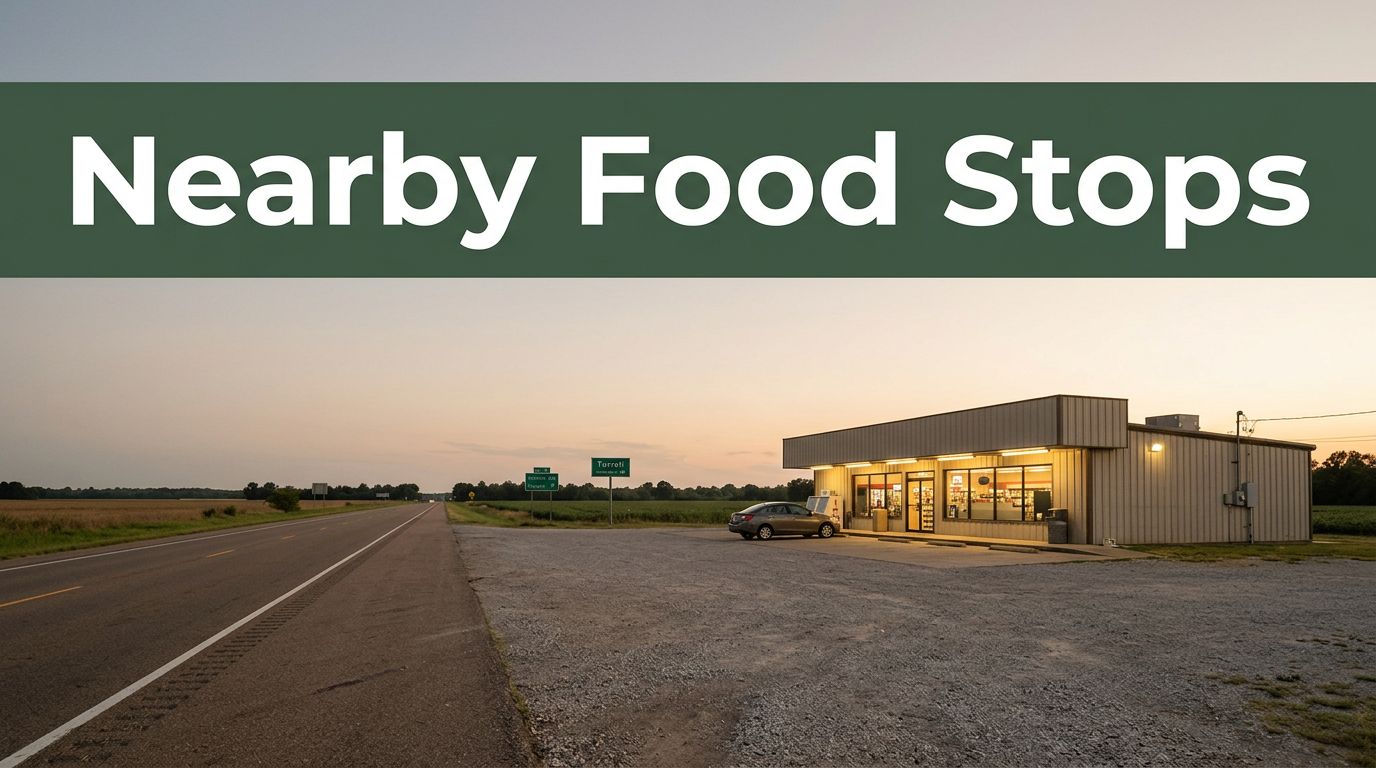 A lit roadside store and parked car beside an open Arkansas highway at sunset.
