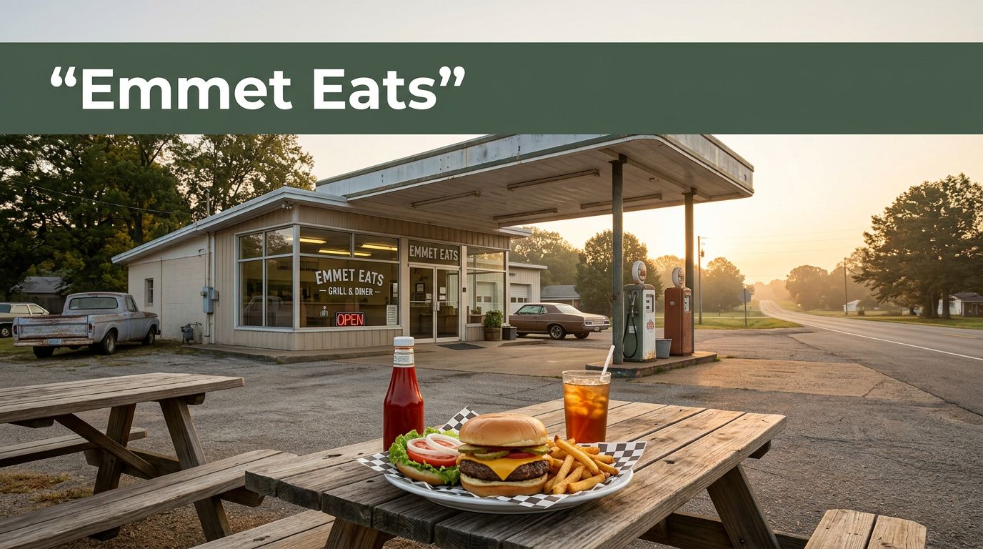 A roadside grill with a burger and fries under a vintage gas station canopy.