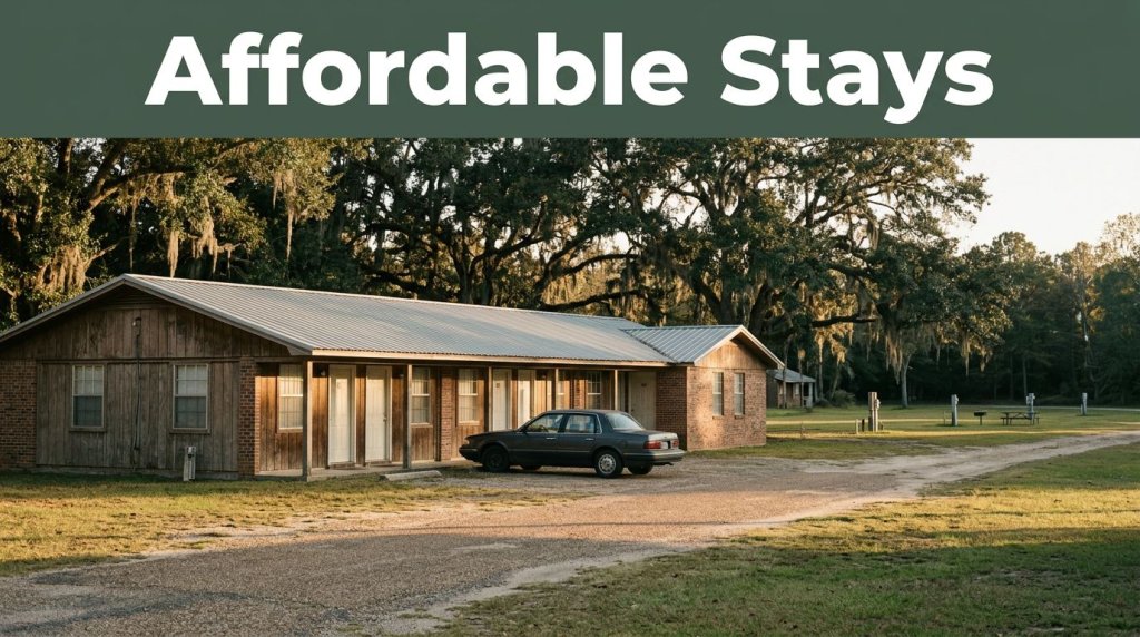 A modest single-story roadside motel nestled among oak trees in rural Alabama.