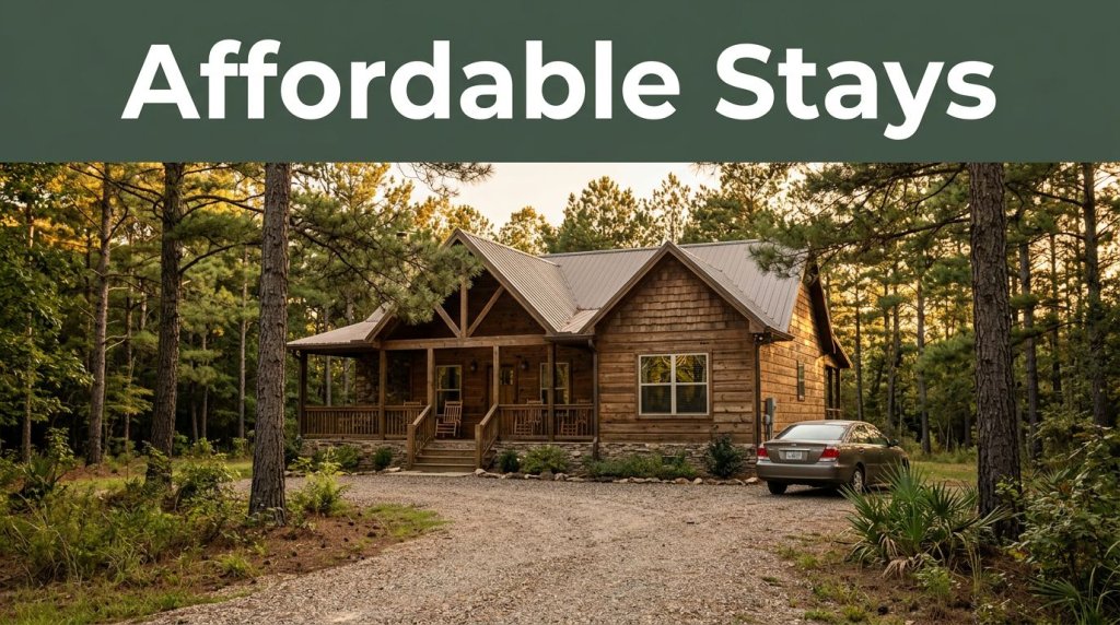A rustic cabin surrounded by pine trees with a car parked on the gravel driveway.