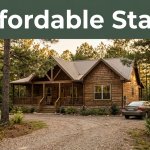 A rustic cabin surrounded by pine trees with a car parked on the gravel driveway.