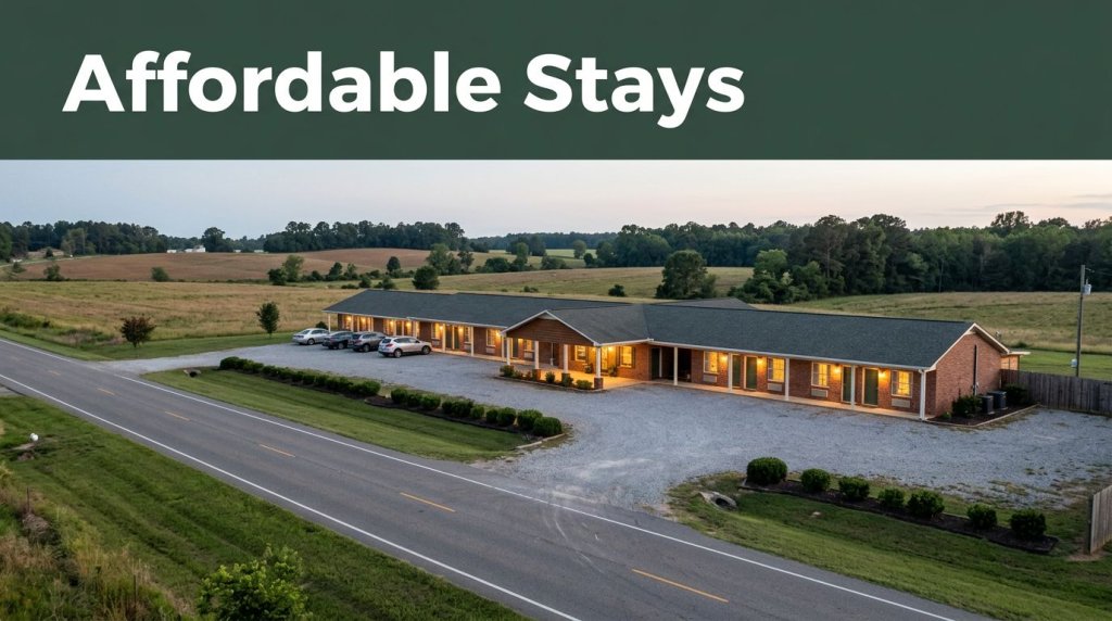 A warmly lit roadside motel beside a quiet highway under an evening sky.