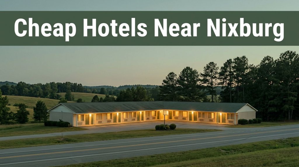 A tidy roadside motel along a quiet highway surrounded by pine trees and rolling hills.