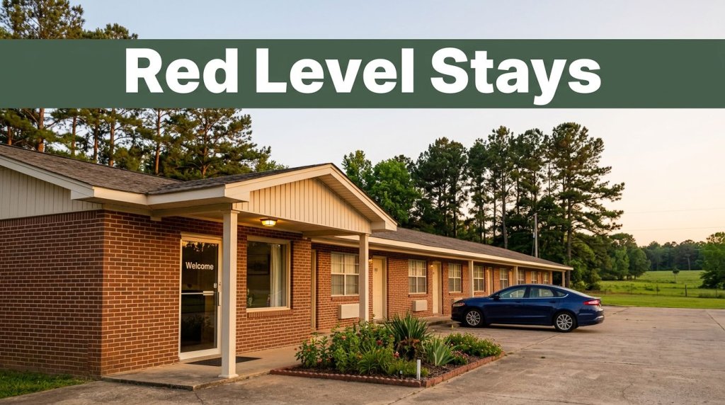 A modest brick roadside motel with warm evening lighting surrounded by rural pine trees.