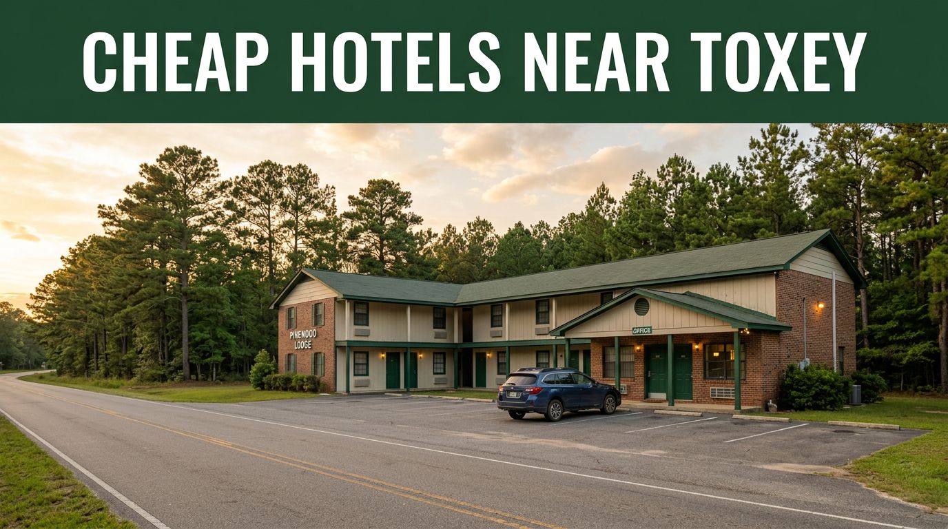 A modest roadside budget motel in rural Alabama at golden hour with pine trees.