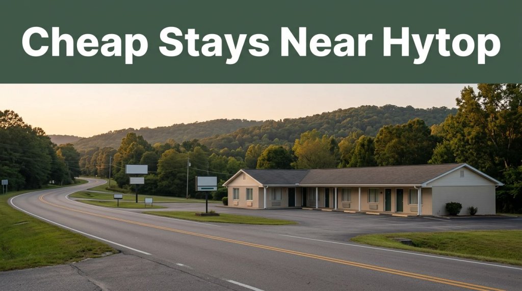 A modest motel along an Alabama highway during dusk with a dark green header.