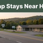 A modest motel along an Alabama highway during dusk with a dark green header.
