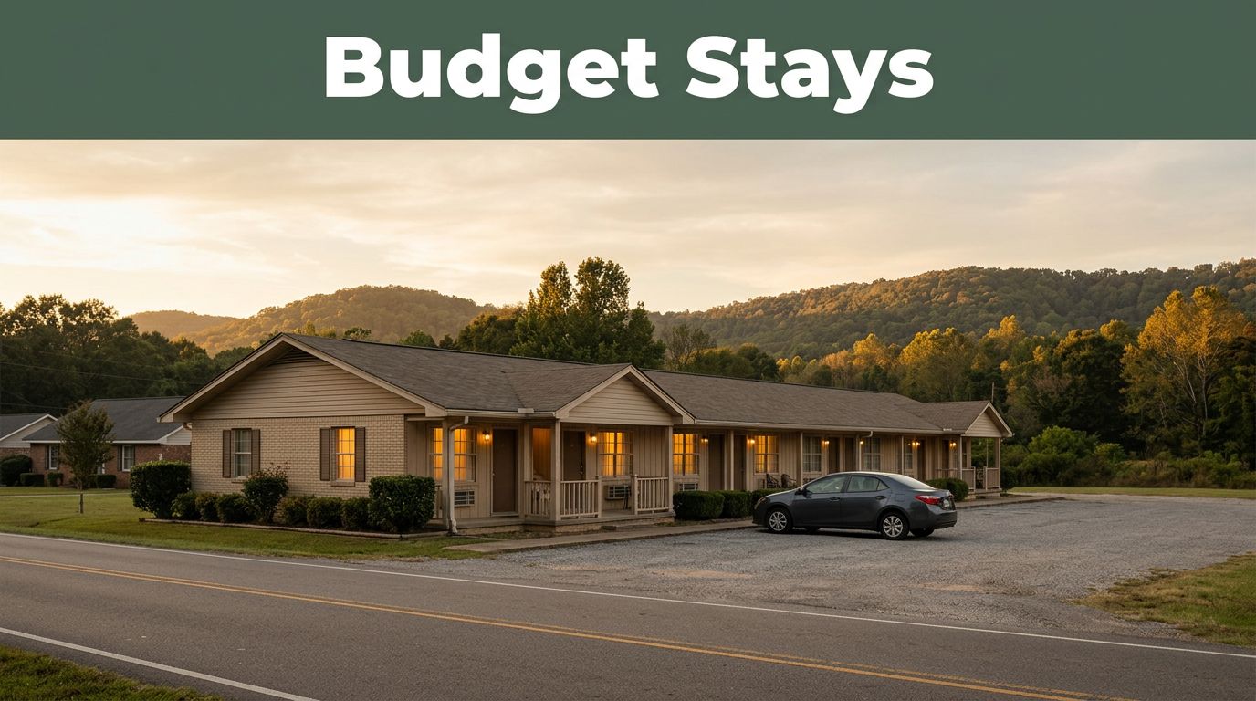 A warmly lit budget motel in the rural Alabama countryside during golden hour.