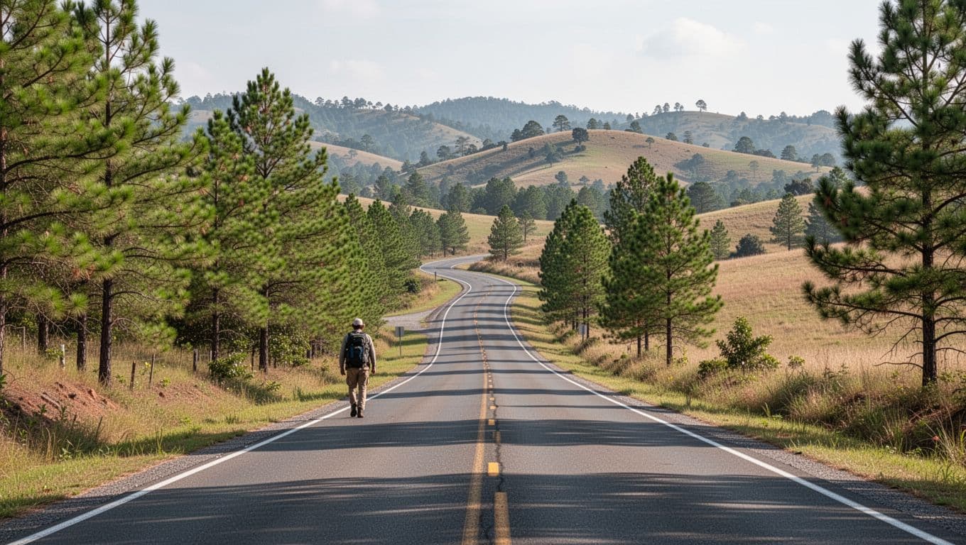 An empty rural asphalt road winding through green pine trees and rolling countryside.