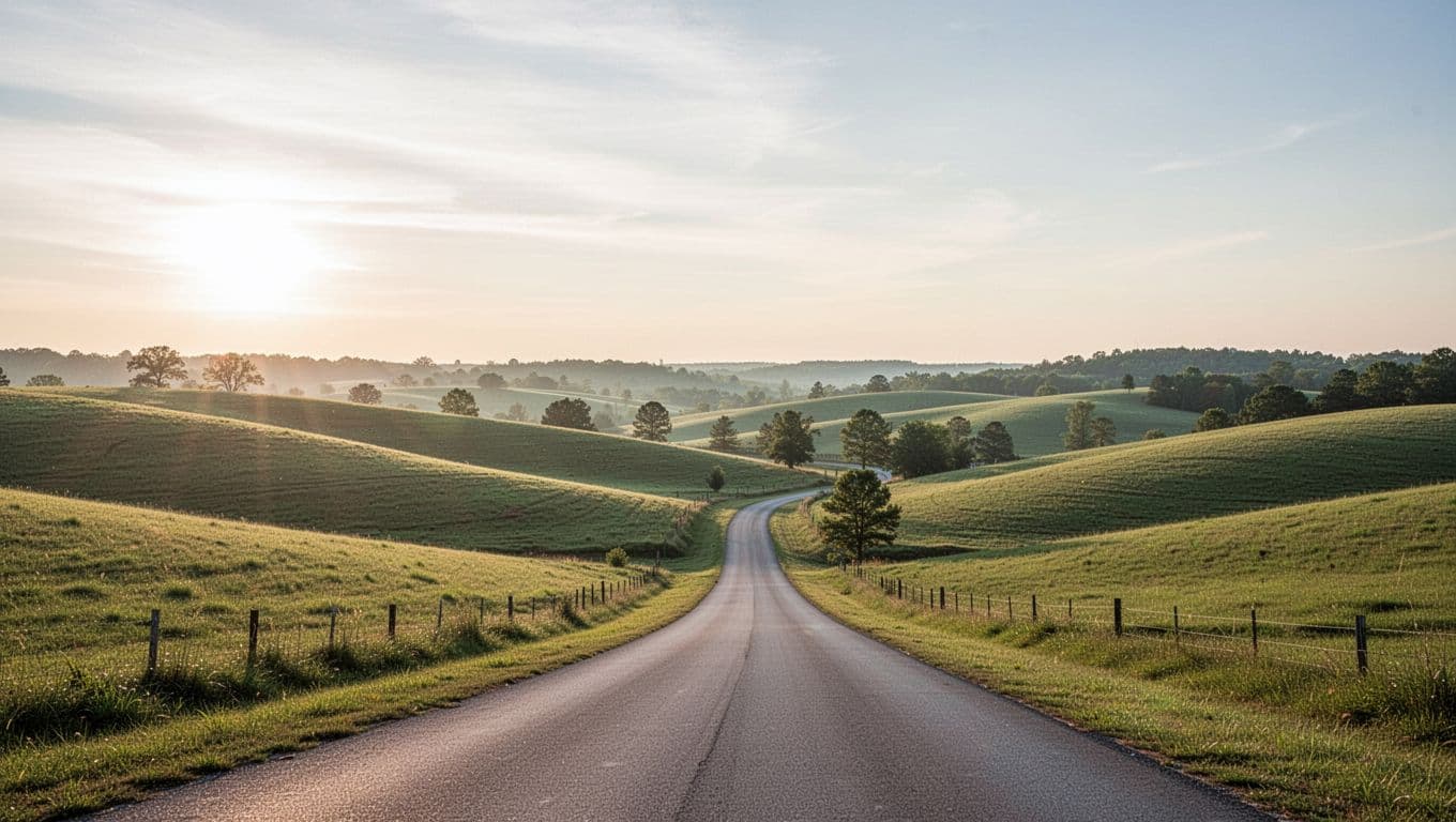 A quiet country road winding through green hills in rural Franklin County, Alabama.