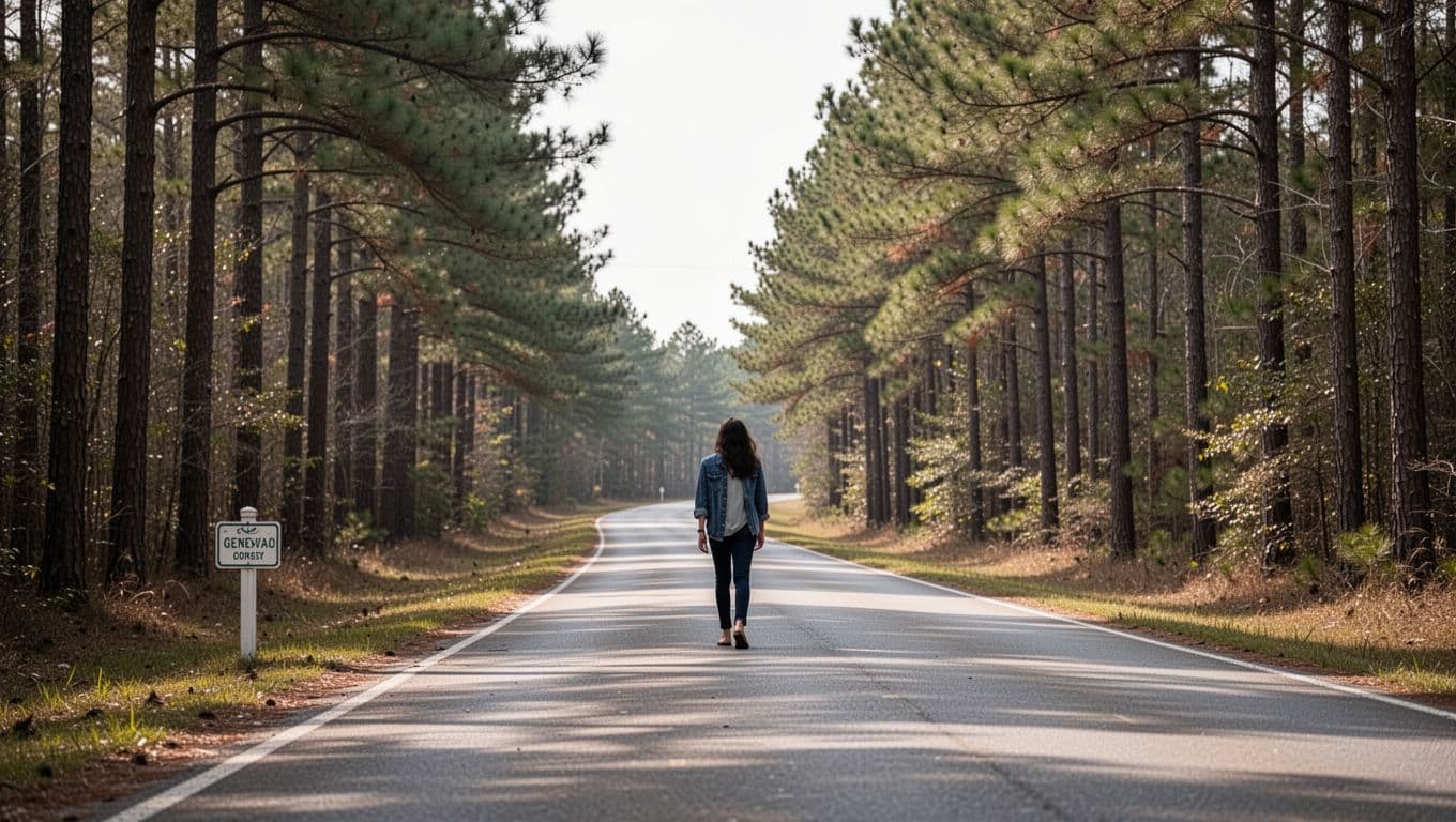 A quiet rural road bordered by pine trees with a lone person walking along the edge.