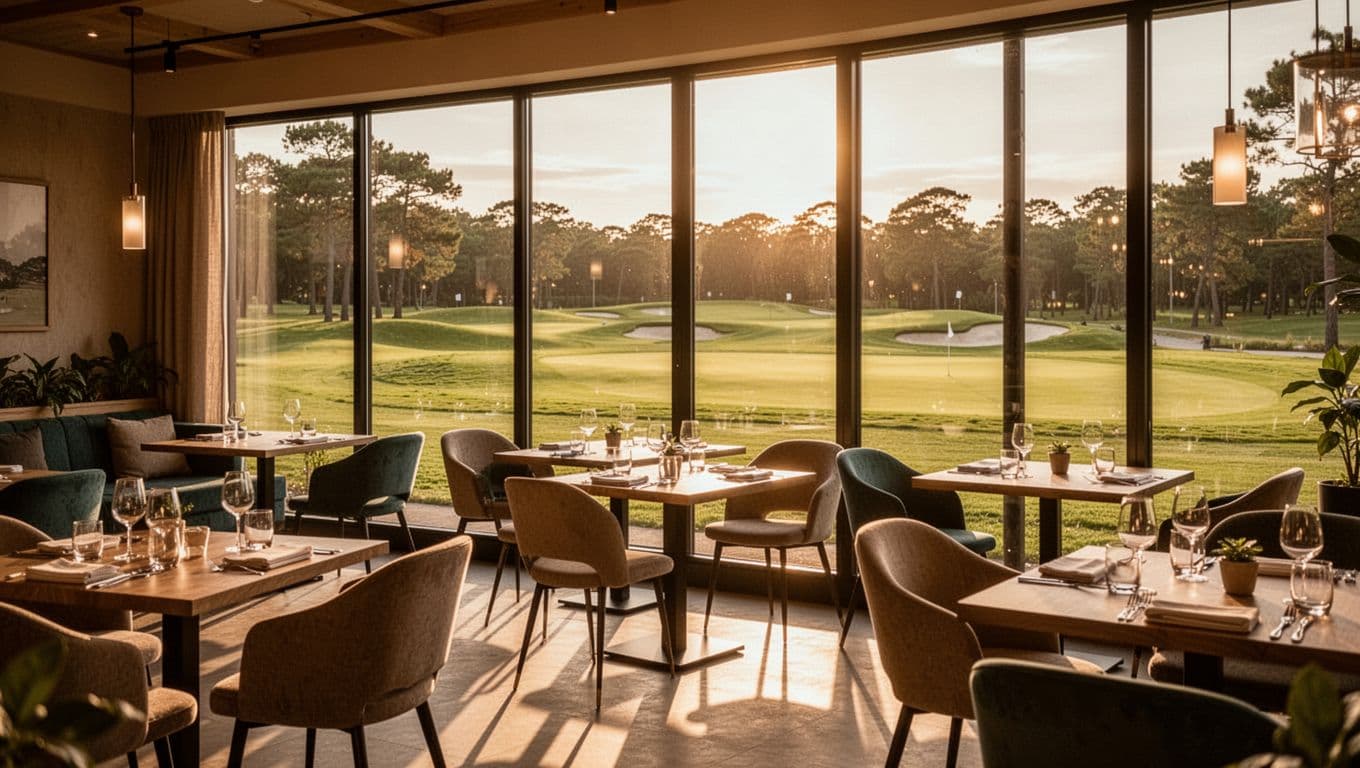 Sunlight streams through expansive floor-to-ceiling windows onto modern dining tables inside a restaurant. The interior features comfortable seating, while a lush green golf course landscape stretches out in the background.