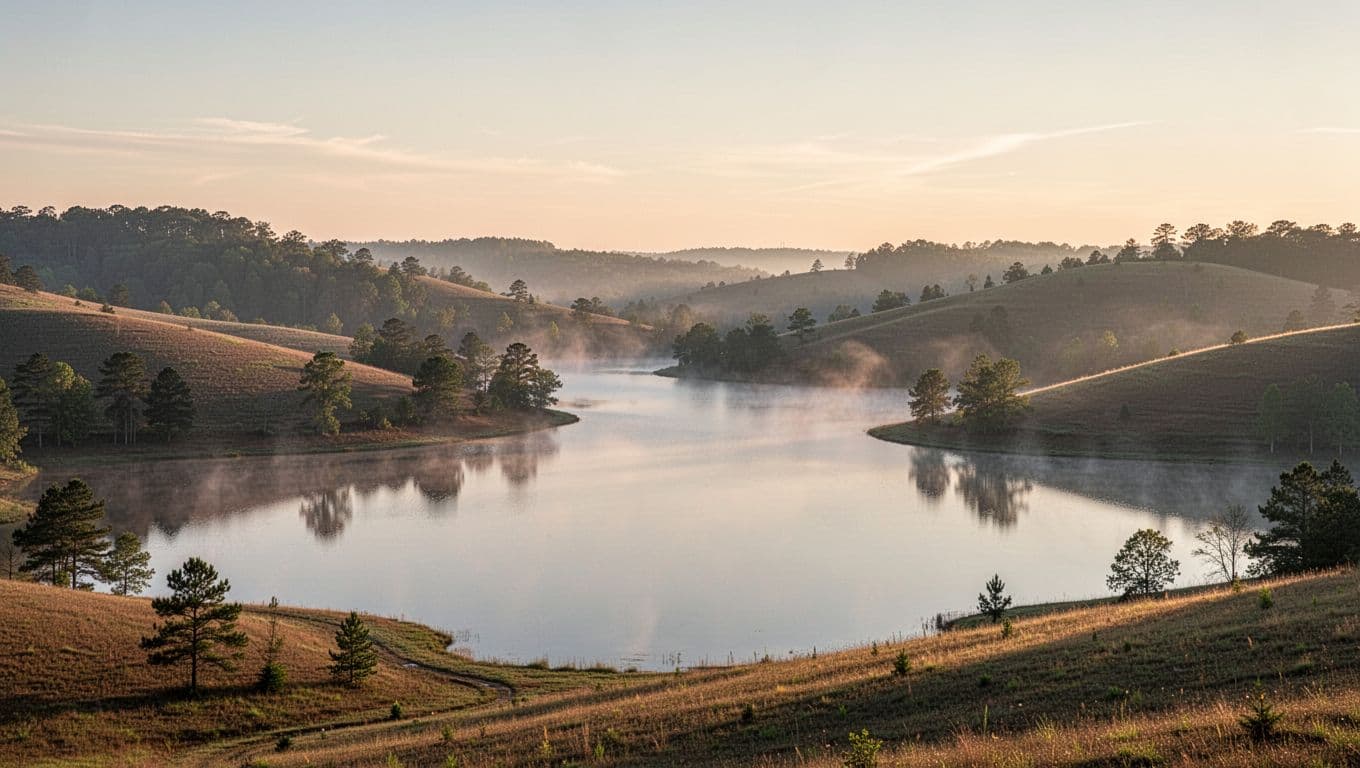 Scenic view of rolling hills and a lake in Marshall County under morning light.