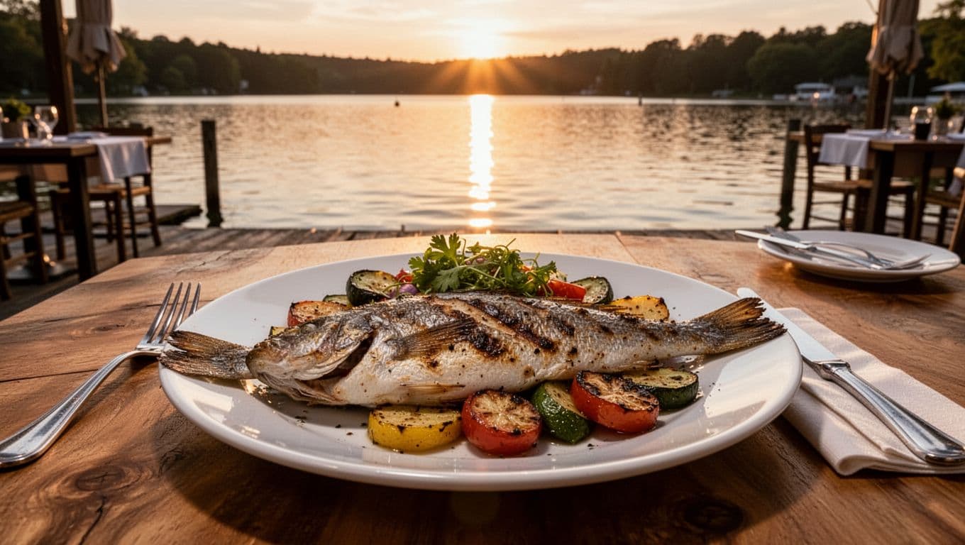A plate of grilled fish and roasted vegetables rests on a rustic wooden table. In the blurred background, vibrant sunset light reflects off the calm surface of Beaver Lake at dusk.