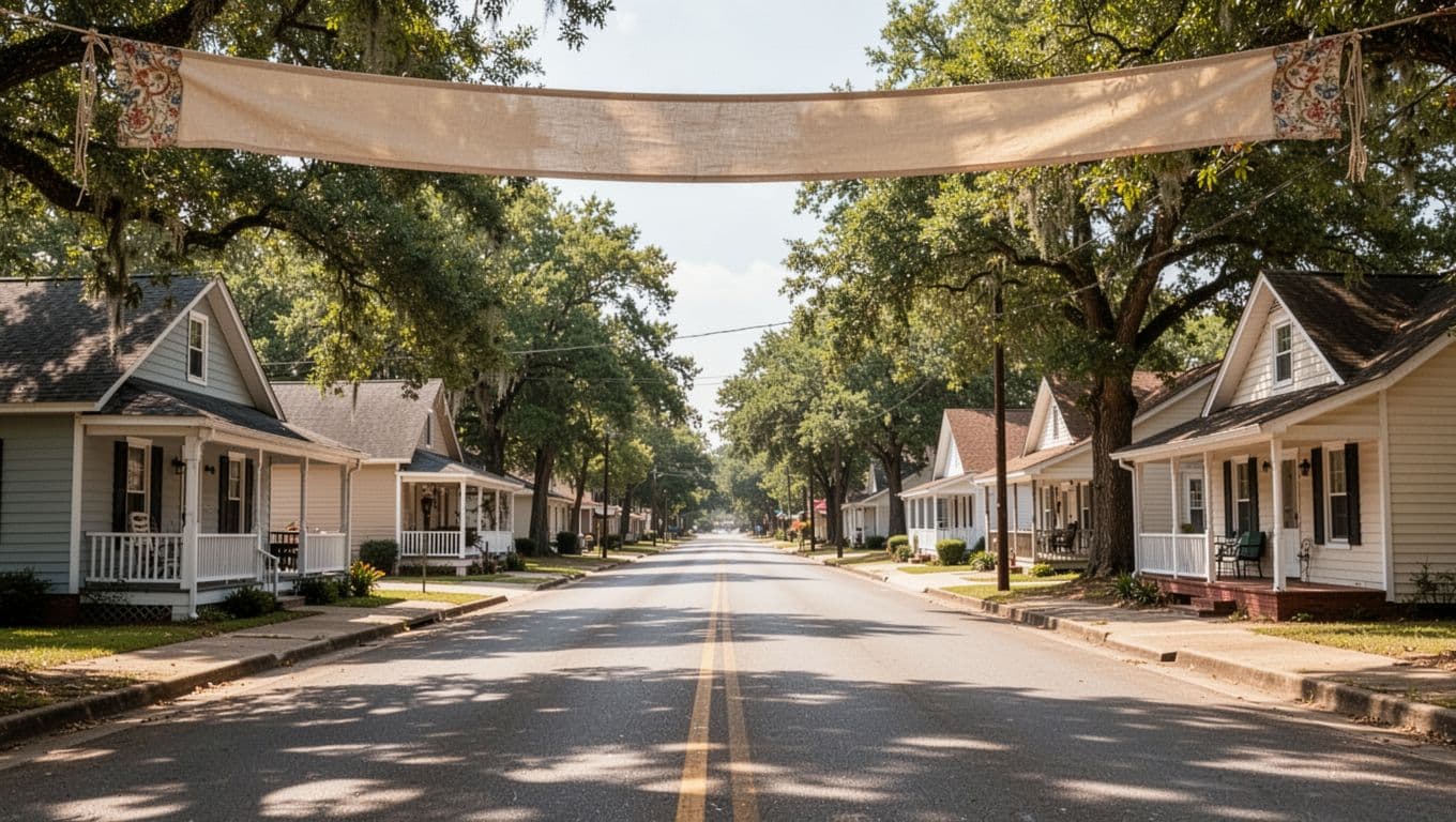 A sunny southern small town road featuring modest lodging and green trees under a top headline band.