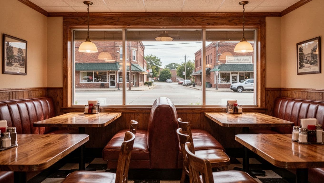 Polished wooden tables and comfortable booth seating line the interior of this quiet diner. Warm pendant lamps hang above while a view of the main street appears through the storefront window.