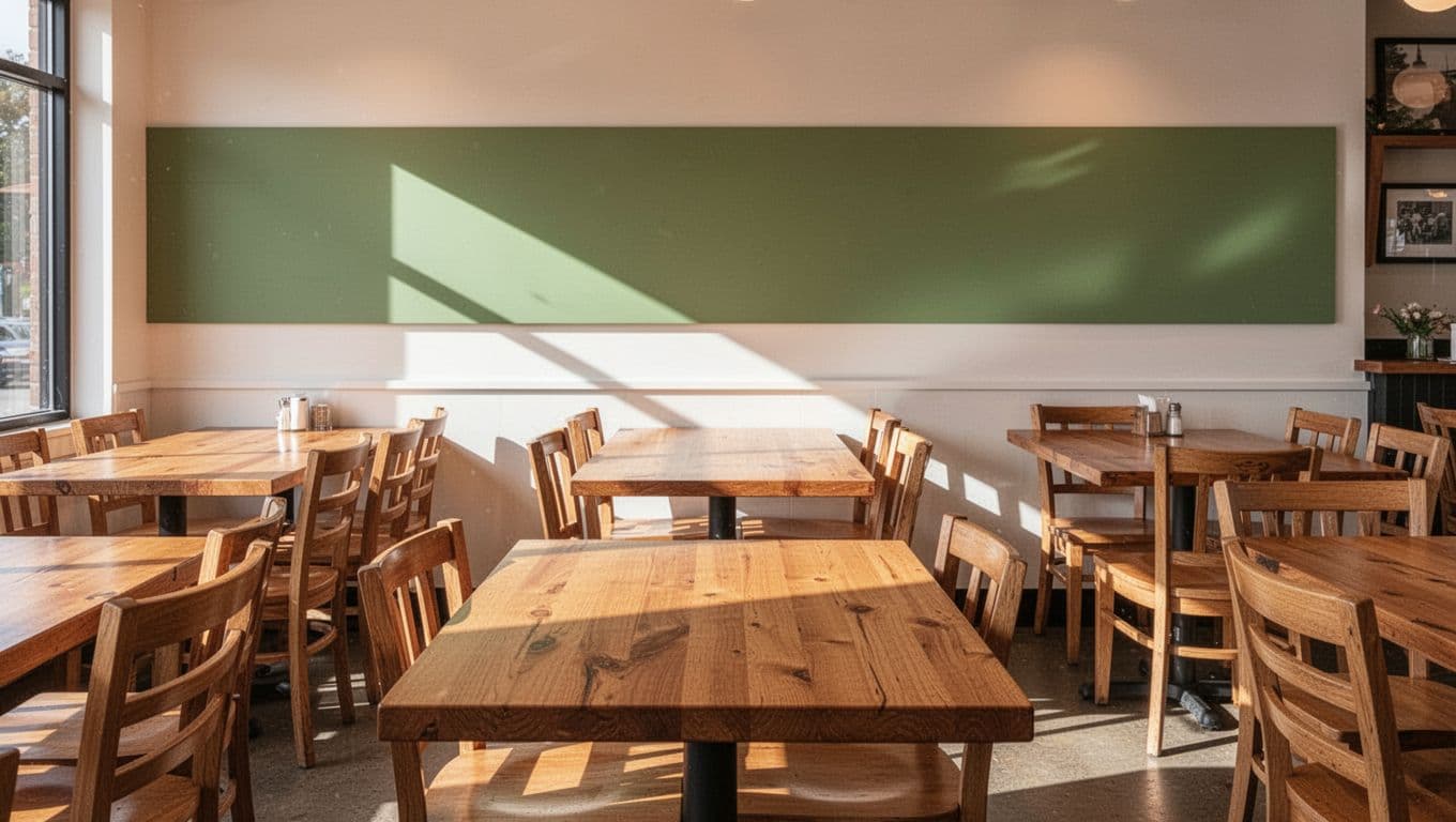 An empty, bright restaurant interior featuring wooden tables and chairs under a bold green dining header.