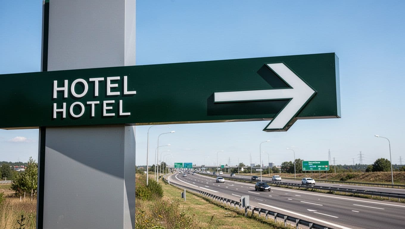 A modern directional sign with an arrow pointing toward the highway against a clear blue sky.
