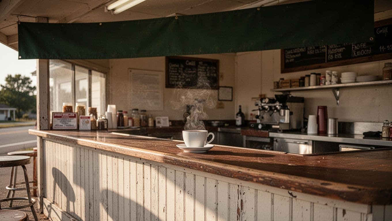 A roadside grill counter with a coffee cup beneath a dark-green Highway Stops banner.
