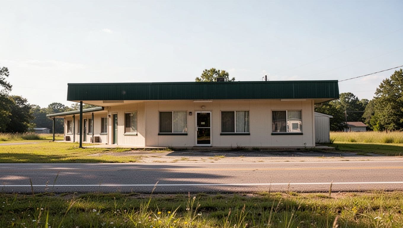 A simple rural motel exterior with a green and white sign under bright daylight.