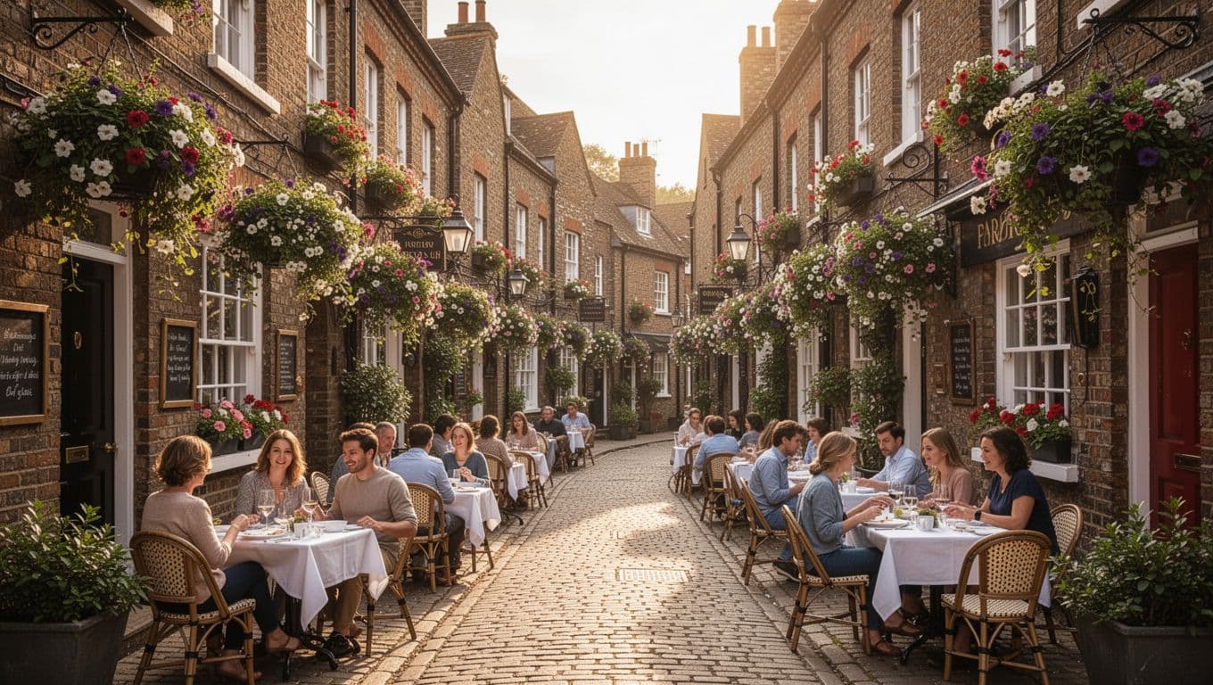 Small bistro tables line the cobblestone path of a narrow town street. Ornate brick facades feature overflowing flower baskets while golden afternoon sunlight casts long shadows across the inviting outdoor seating.