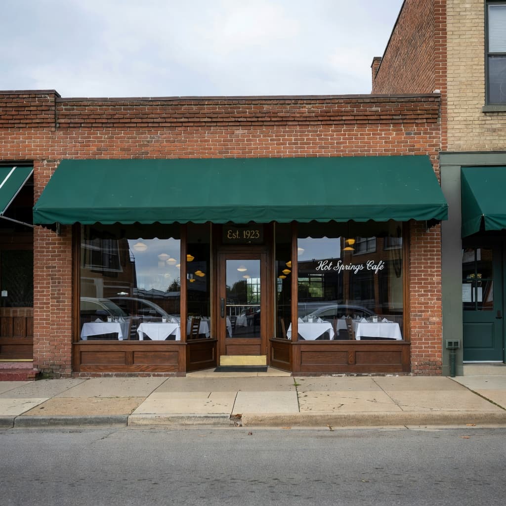 A vintage restaurant storefront along a historic brick sidewalk under an overcast sky.
