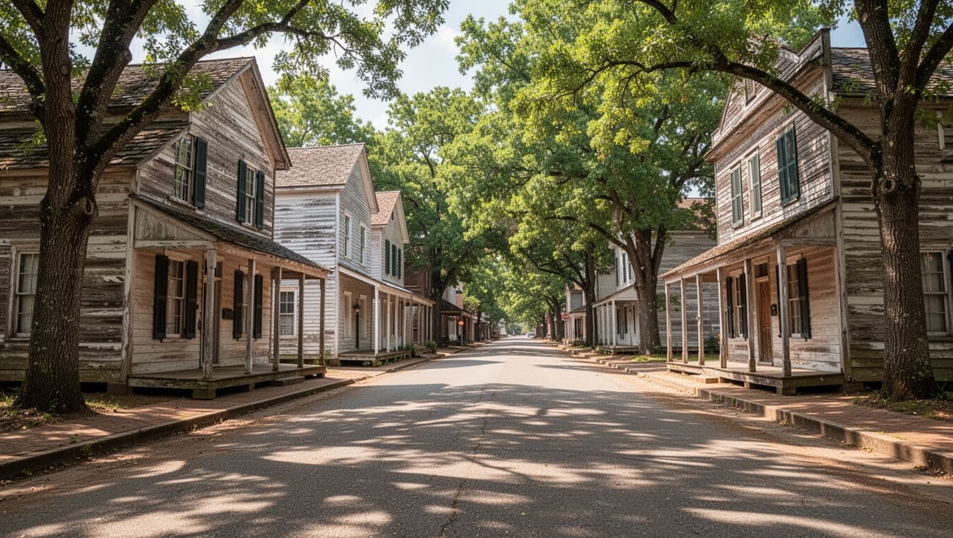 Rustic historic wooden buildings along a quiet Alabama street under a bright sky.