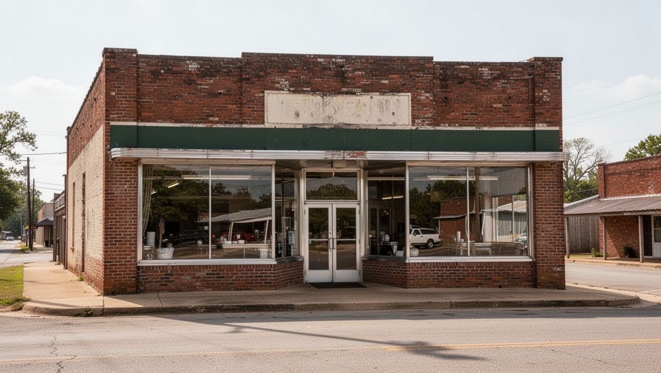 A rustic brick diner on a quiet rural street with a green sign that reads Dining In Rison.