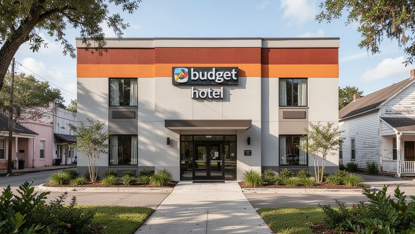 A clean modern budget hotel exterior with a bold horizontal accent band.