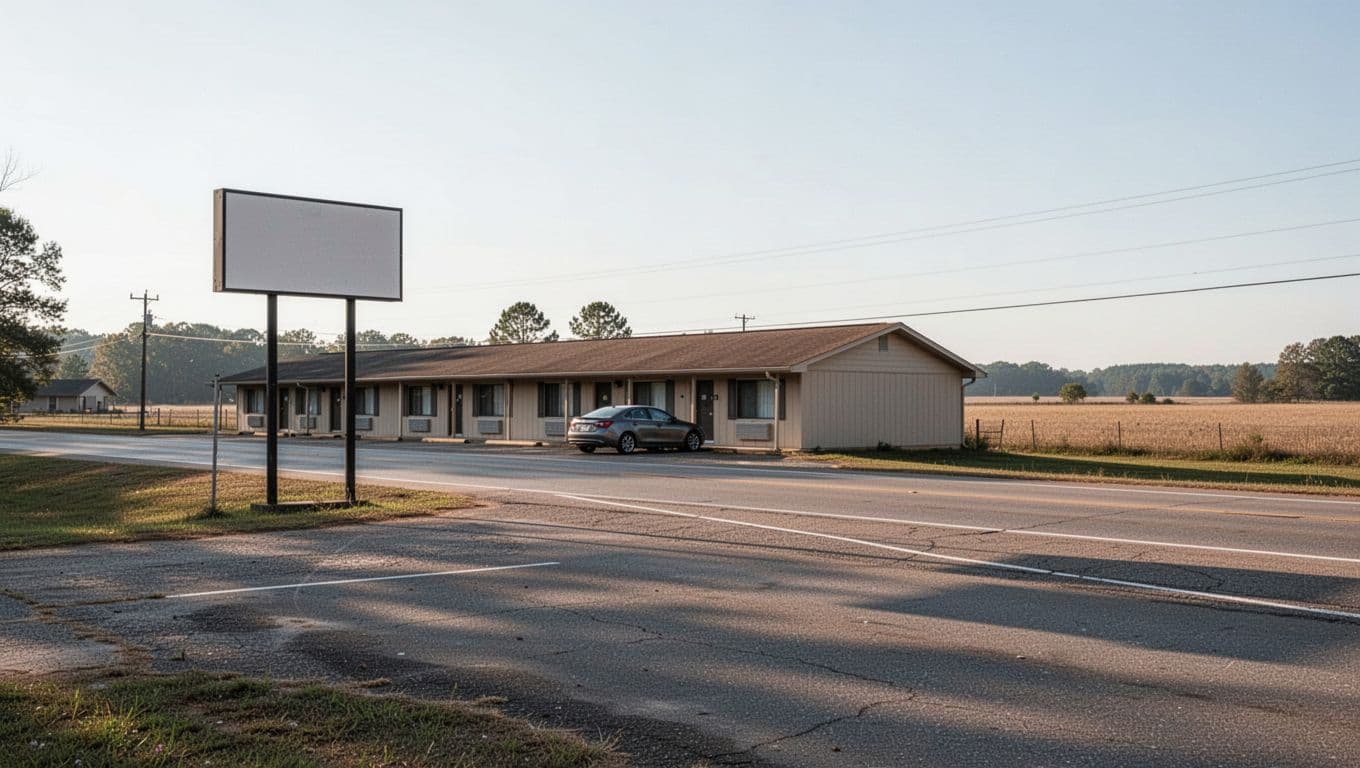 A roadside motel sign and parked car along a quiet rural highway.