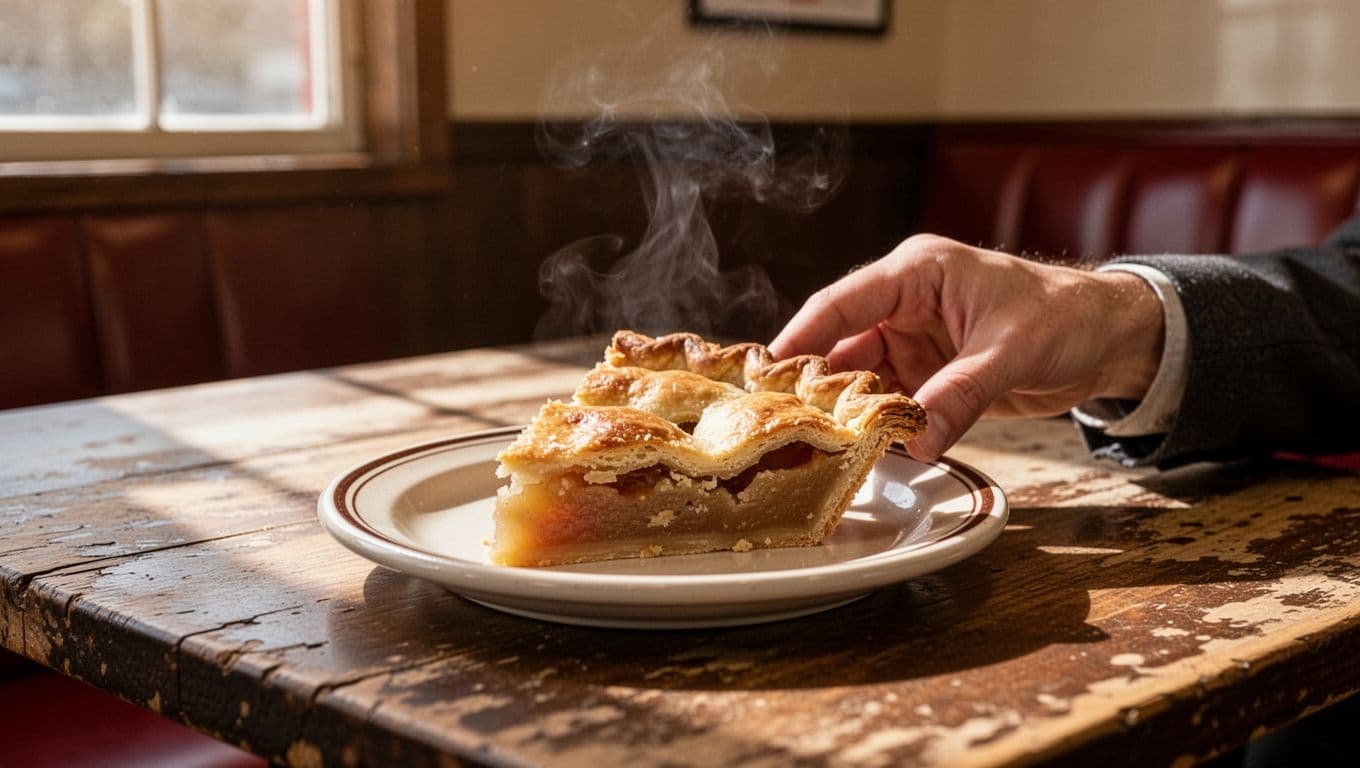 A homemade pie slice on a diner plate beneath a dark-green banner.