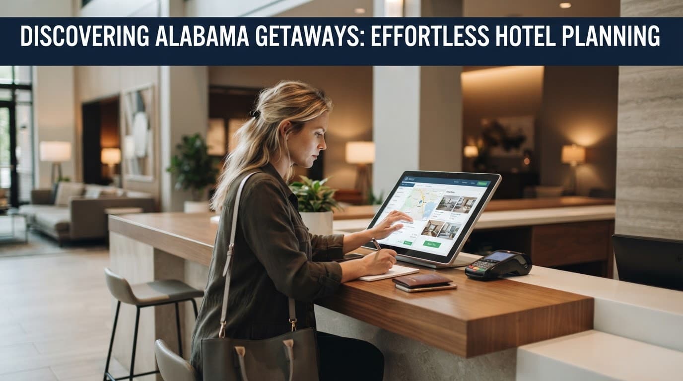 A hotel desk representative assists with travel bookings in a modern neutral lobby.