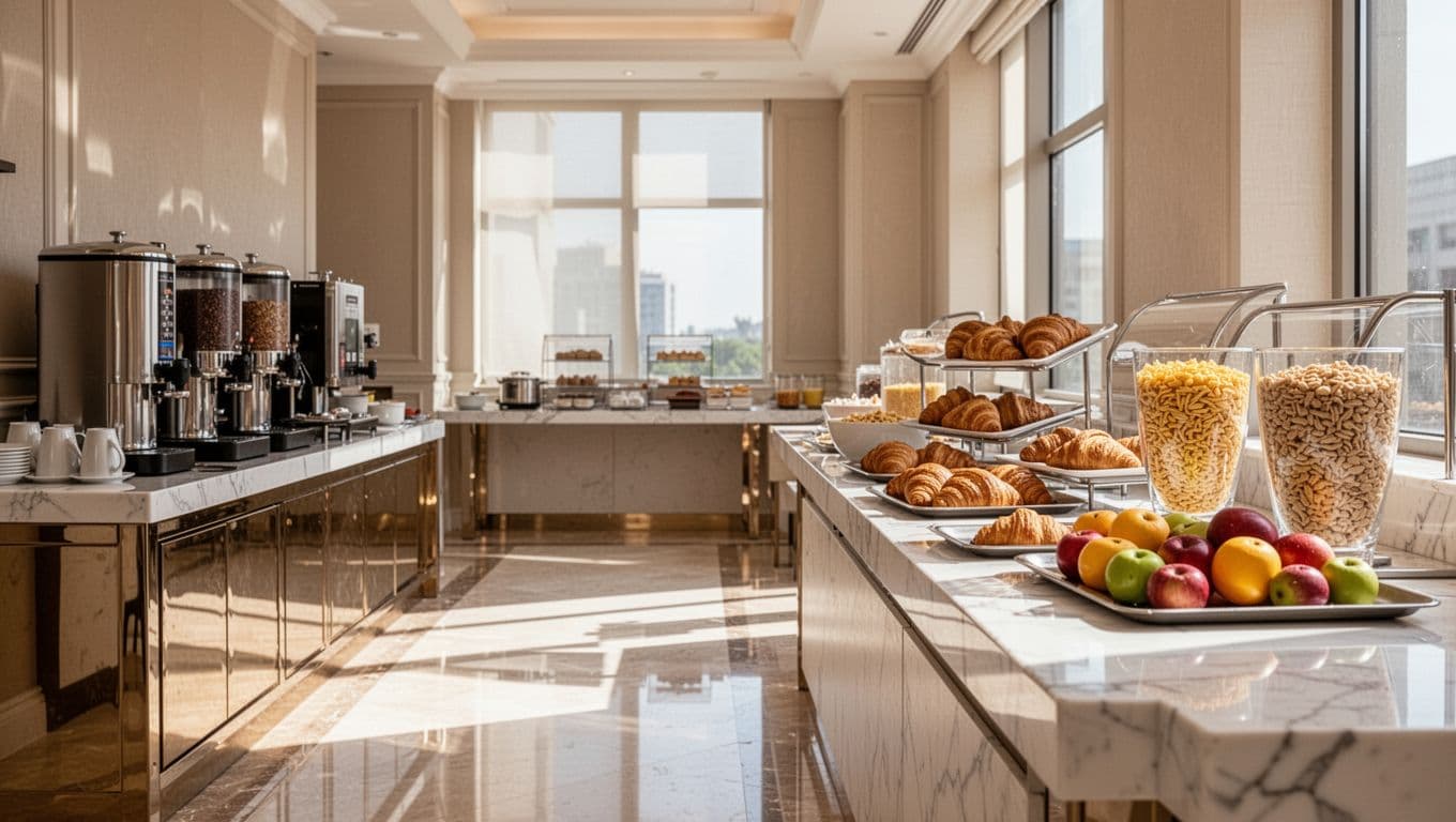 A clean hotel breakfast area with coffee machines and food displays.
