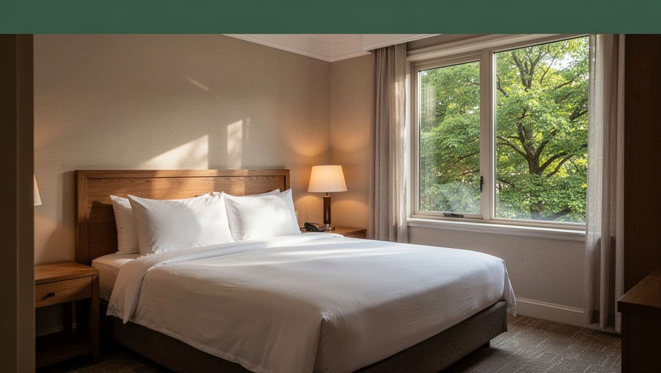 A made queen bed and warm lamp beside a window showing green trees.