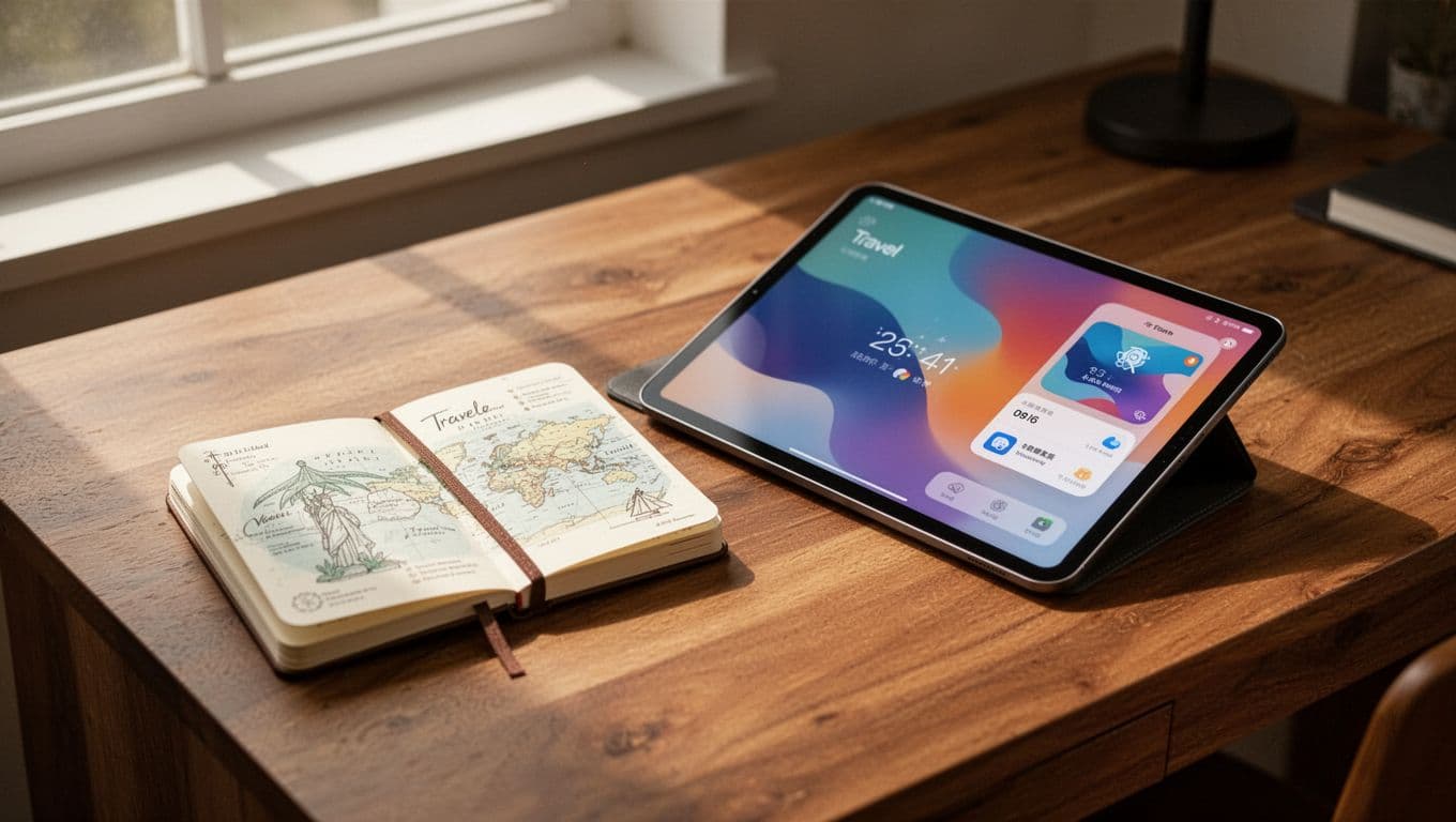 A tablet showing hotel searches beside a travel notebook on a wooden desk.