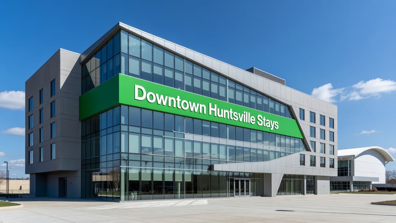 A sleek hotel building displays bold geometric architecture and a bright green stripe near the roofline. Located near the Von Braun Center, it stands tall under a clear blue sky.